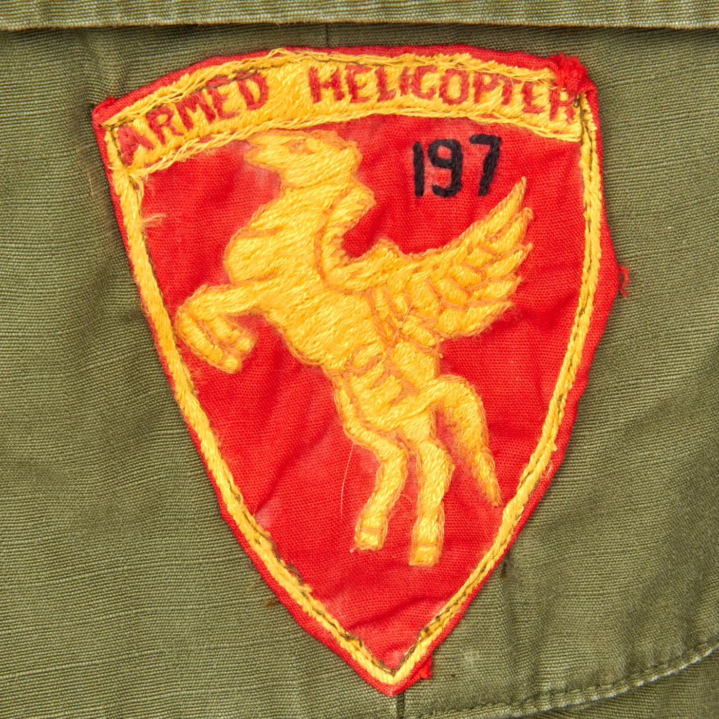 Original U.S. Vietnam War 197th Armed Helicopter Company Pilot’s OG-107 Type III Jungle Jacket with Incountry Made Insignia - First Helicopter Company Deployed To South Vietnam