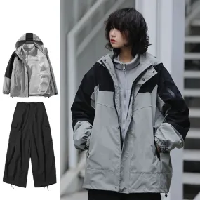 Outdoor Three-piece Set Men Women Japanese Casual Hooded Cargo Jacket Vintage Warm Fleece Jacket Multi-pocket Cargo Pants Unisex