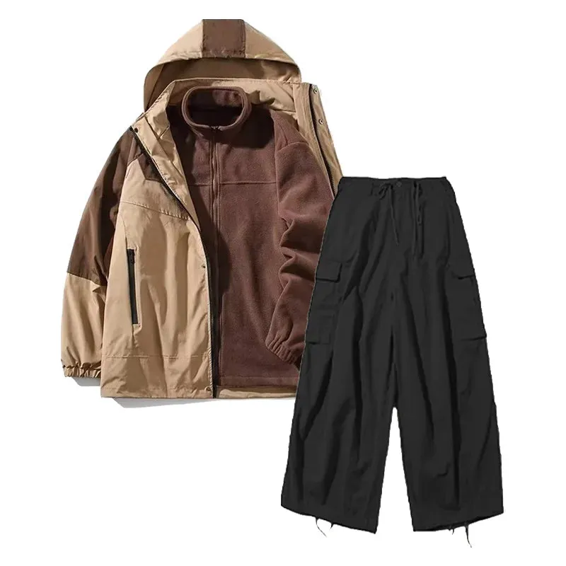 Outdoor Three-piece Set Men Women Japanese Casual Hooded Cargo Jacket Vintage Warm Fleece Jacket Multi-pocket Cargo Pants Unisex