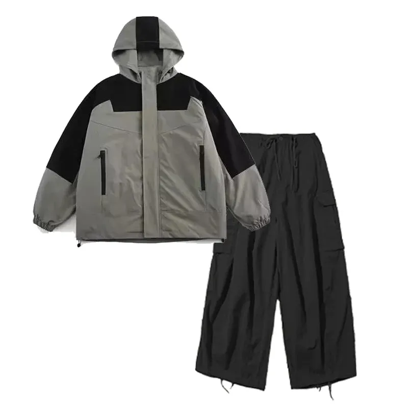 Outdoor Three-piece Set Men Women Japanese Casual Hooded Cargo Jacket Vintage Warm Fleece Jacket Multi-pocket Cargo Pants Unisex