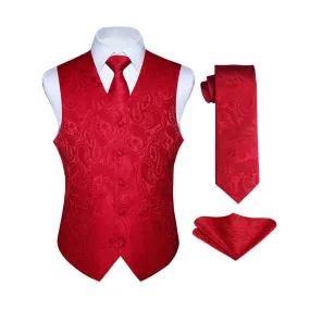 Paisley Suit Vest Tie Handkerchief Set - RED