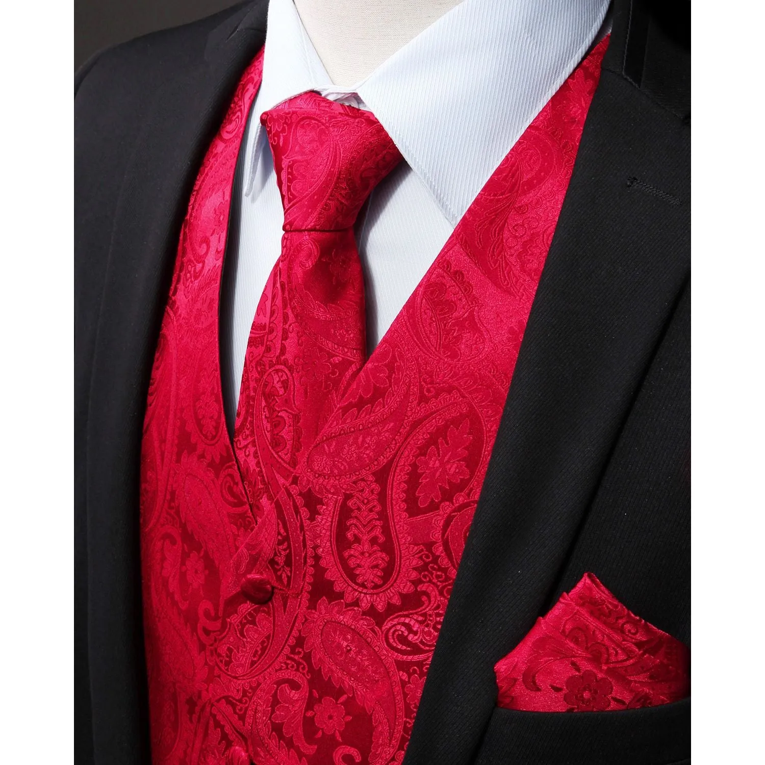 Paisley Suit Vest Tie Handkerchief Set - RED