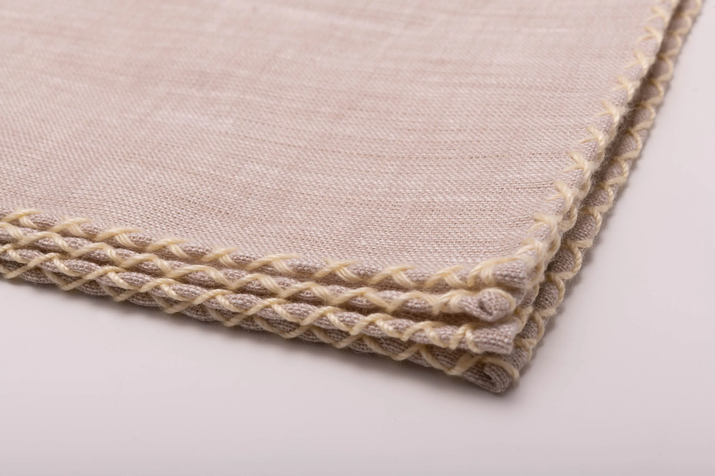 Pale Yellow X-Stitch Edge Light Brown Linen Pocket Square