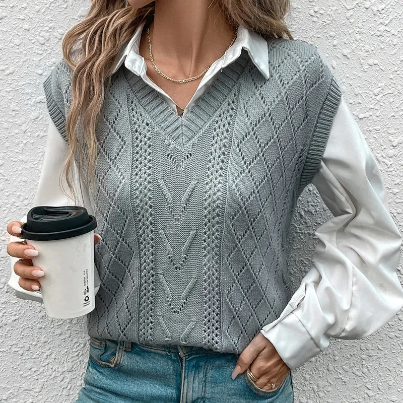 PEOPLETERRITORY  trade gray top New new  women's clothing  twisted v-neck pullover knitted vest