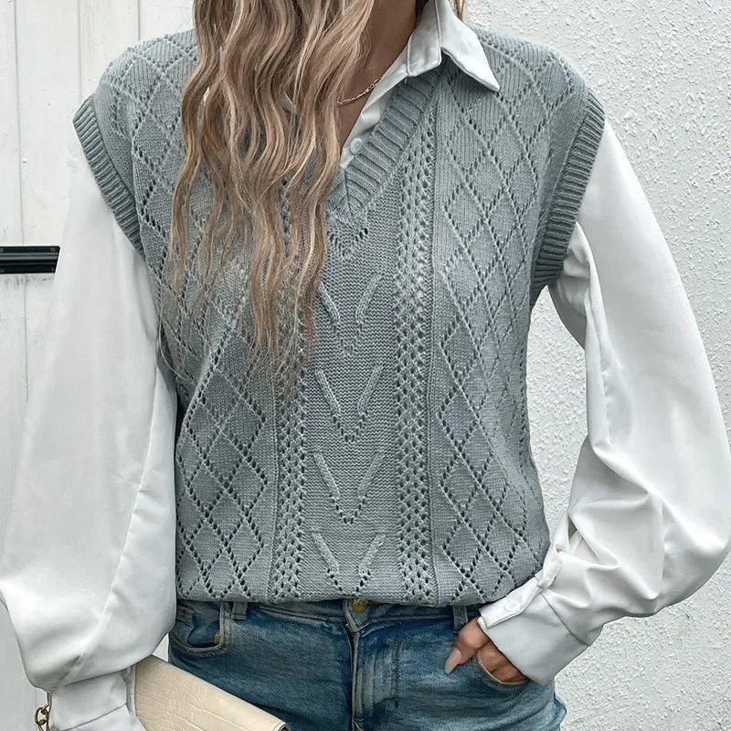 PEOPLETERRITORY  trade gray top New new  women's clothing  twisted v-neck pullover knitted vest