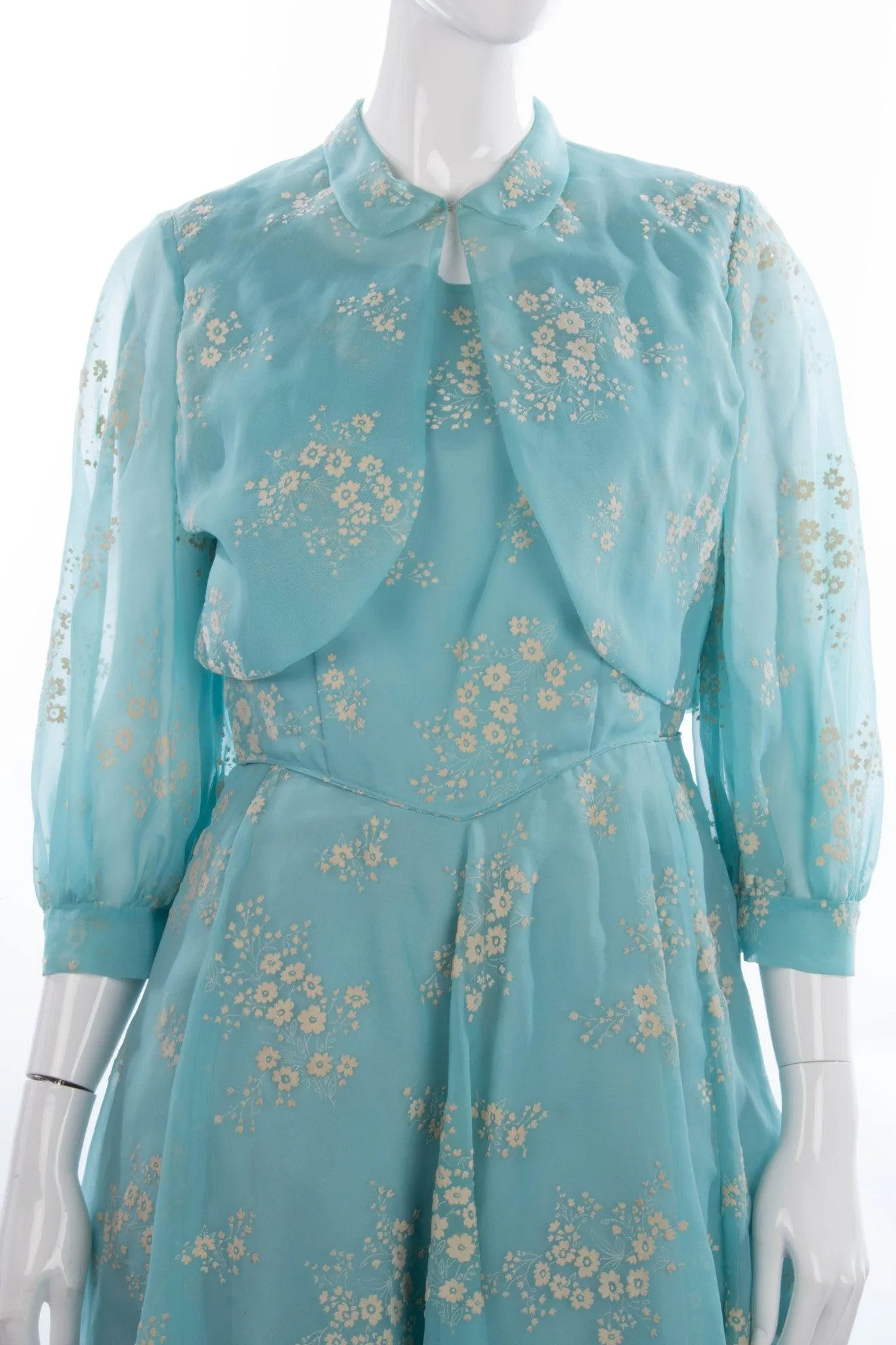 Peter Robinson Vintage Pale Blue Floral Dress and Jacket UK 12/14