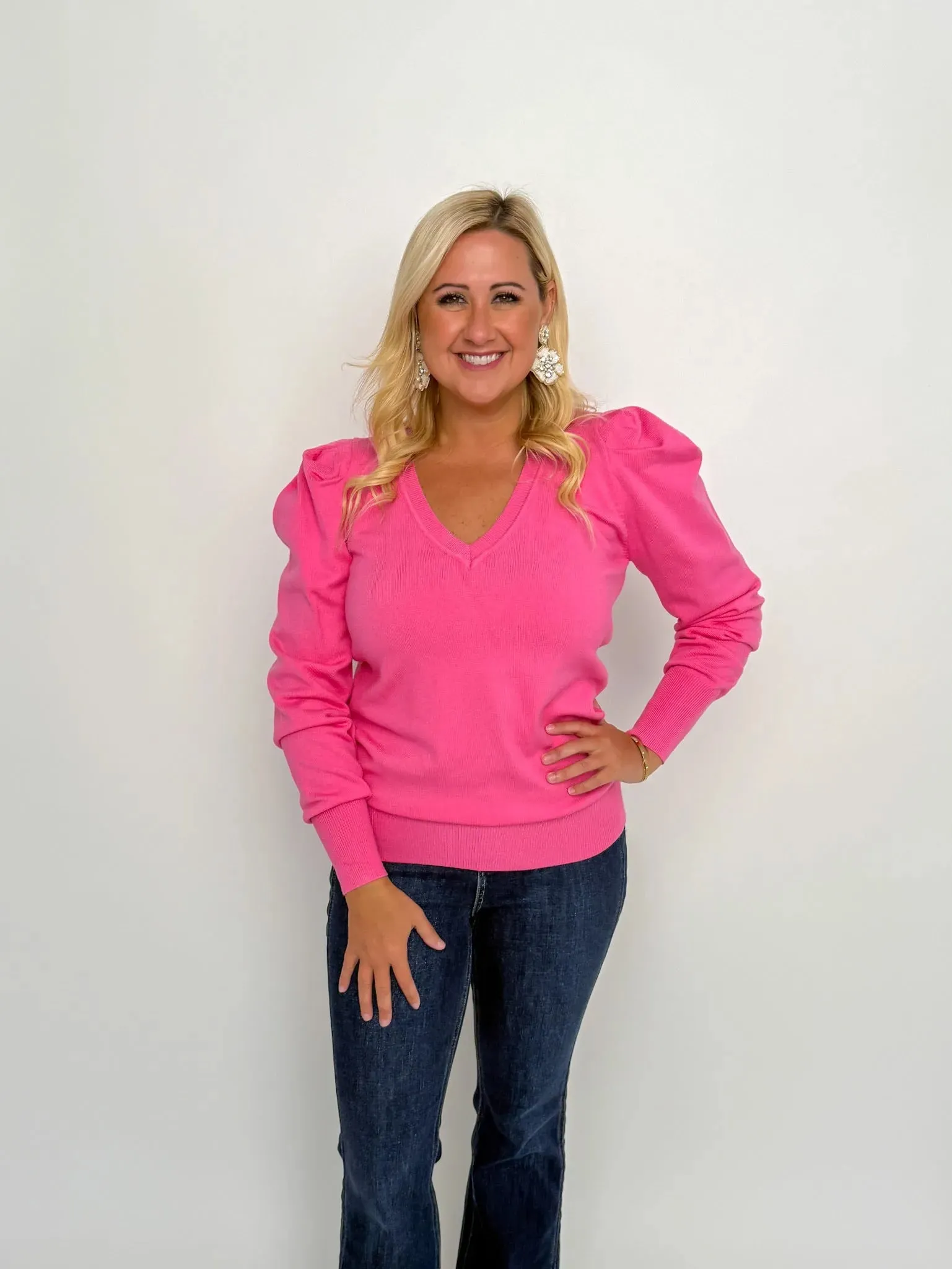 Pink V Neck Puff Sleeve Sweater