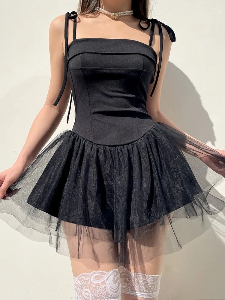 Pleated Mesh Patchwork Tulle Slim Dress