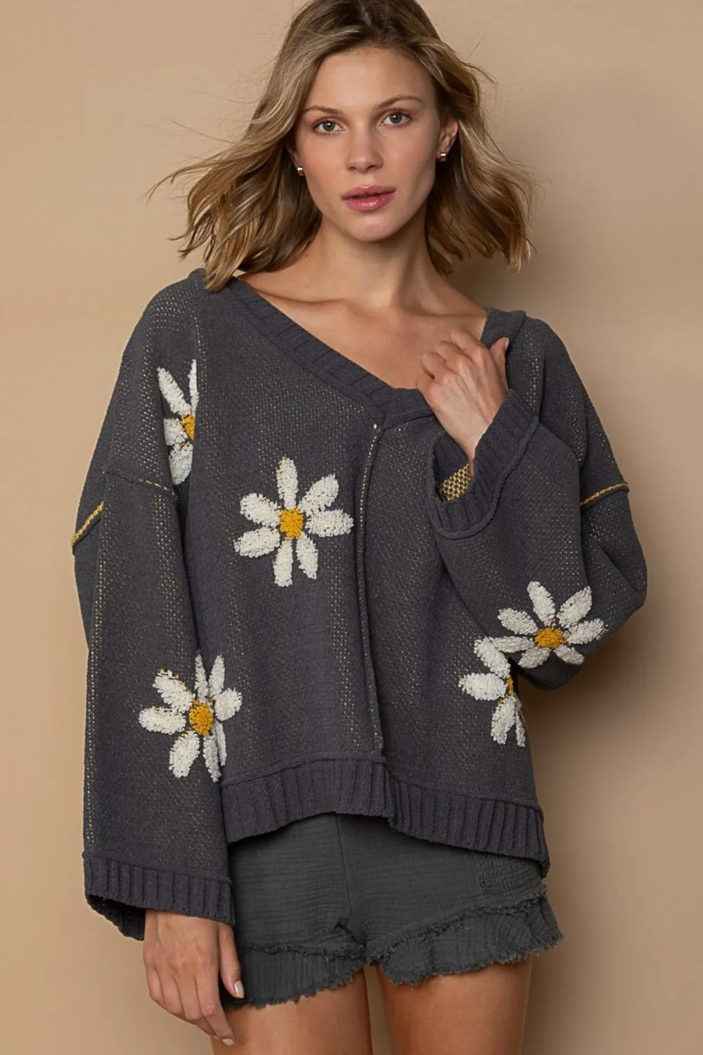 POL V-Neck Floral Pattern Chenille Sweater