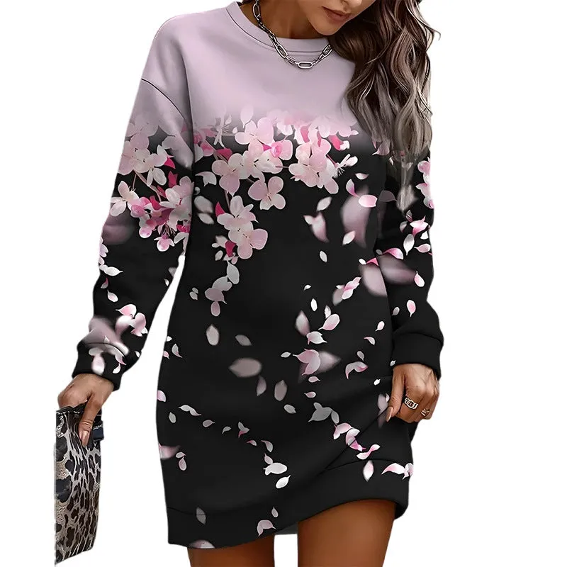 Printed Crew Neck Casual Long Loose Sweater Women