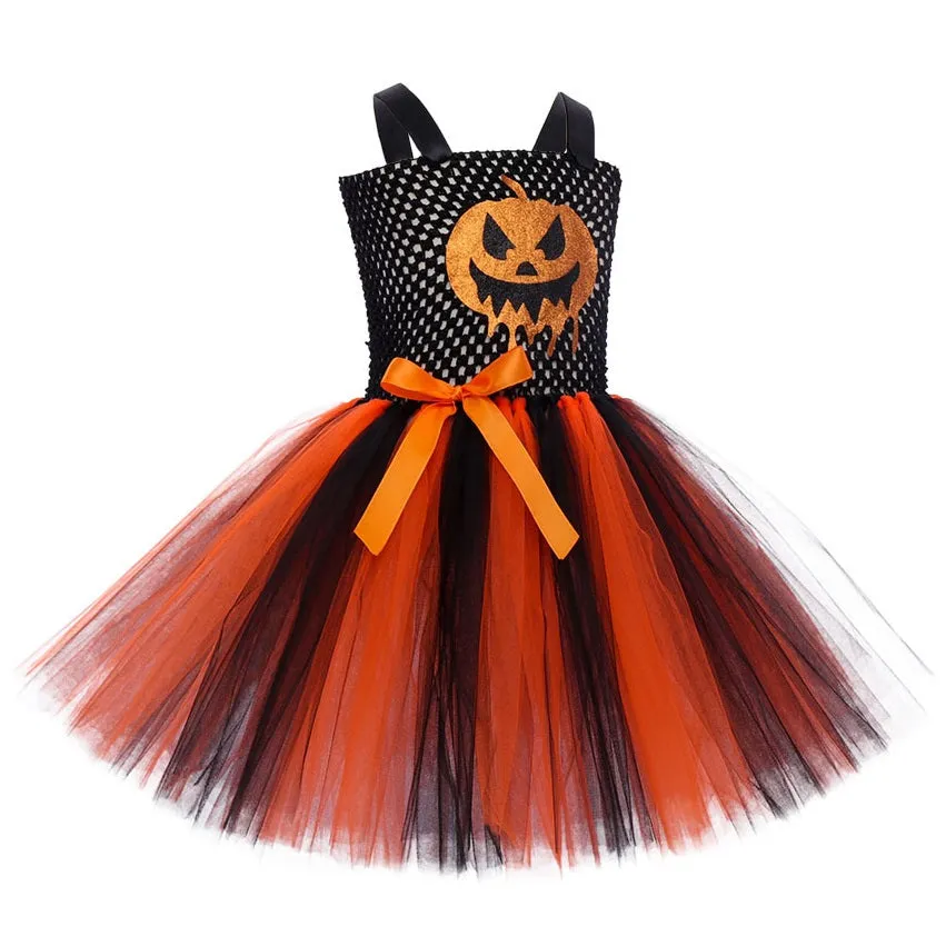 Pumpkin Witch Children's Dress Colorful Girl's Halloween Dress Girls' bow camisole dress