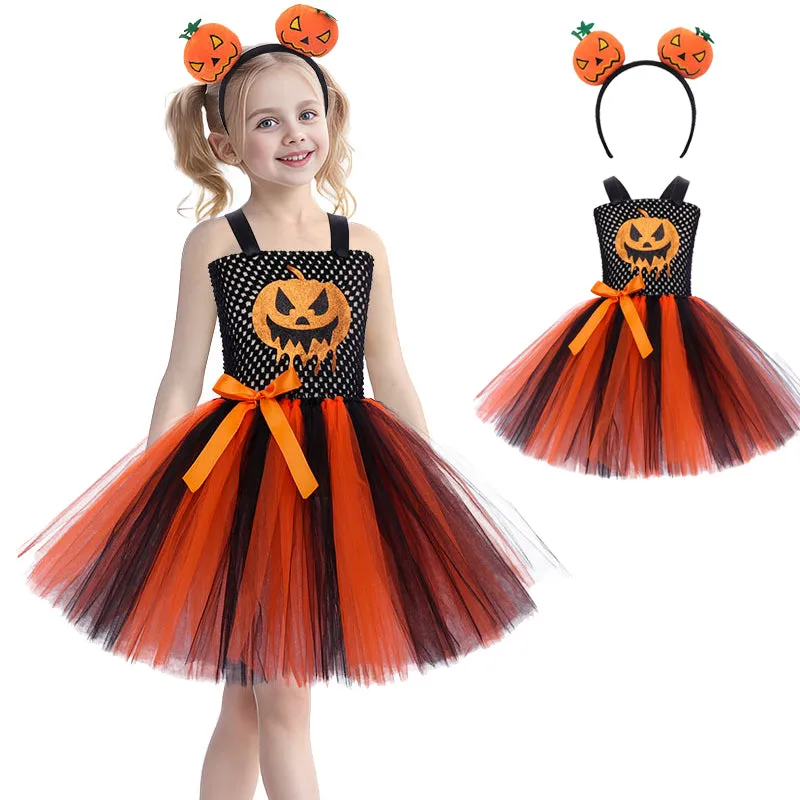 Pumpkin Witch Children's Dress Colorful Girl's Halloween Dress Girls' bow camisole dress