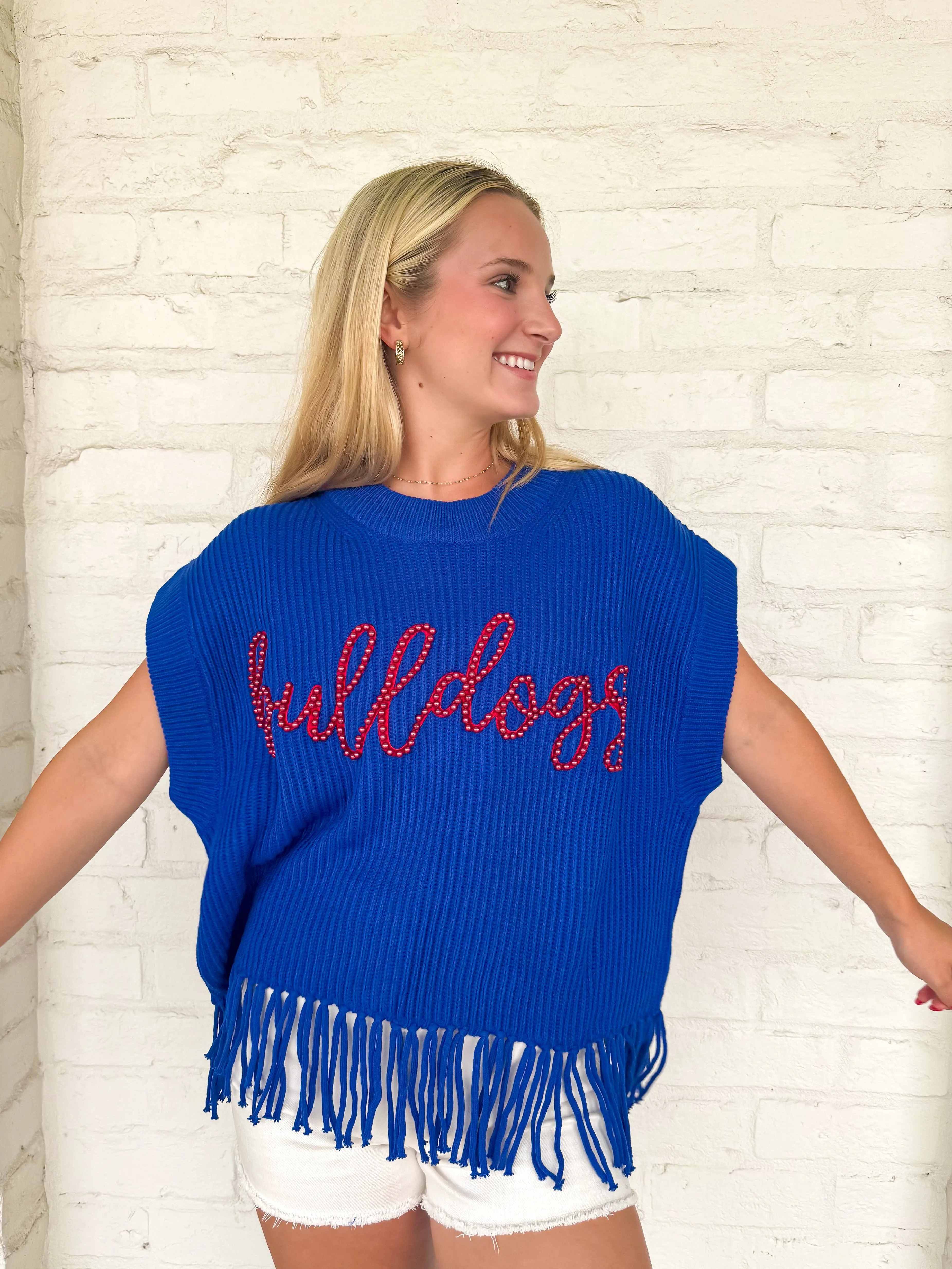 Queen Of Sparkles Royal & Red LA Tech Bulldogs Fringe Sweater Vest