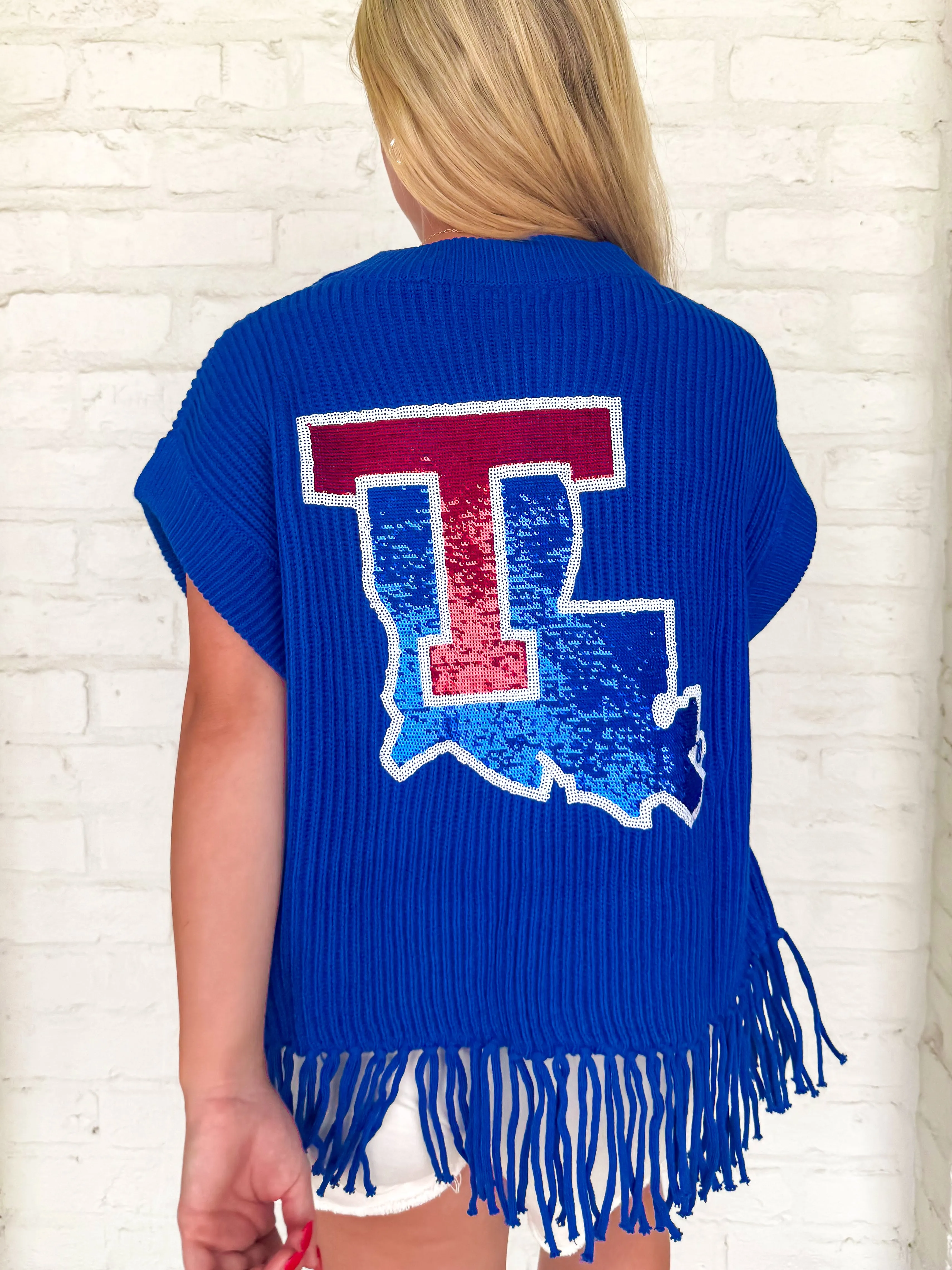 Queen Of Sparkles Royal & Red LA Tech Bulldogs Fringe Sweater Vest