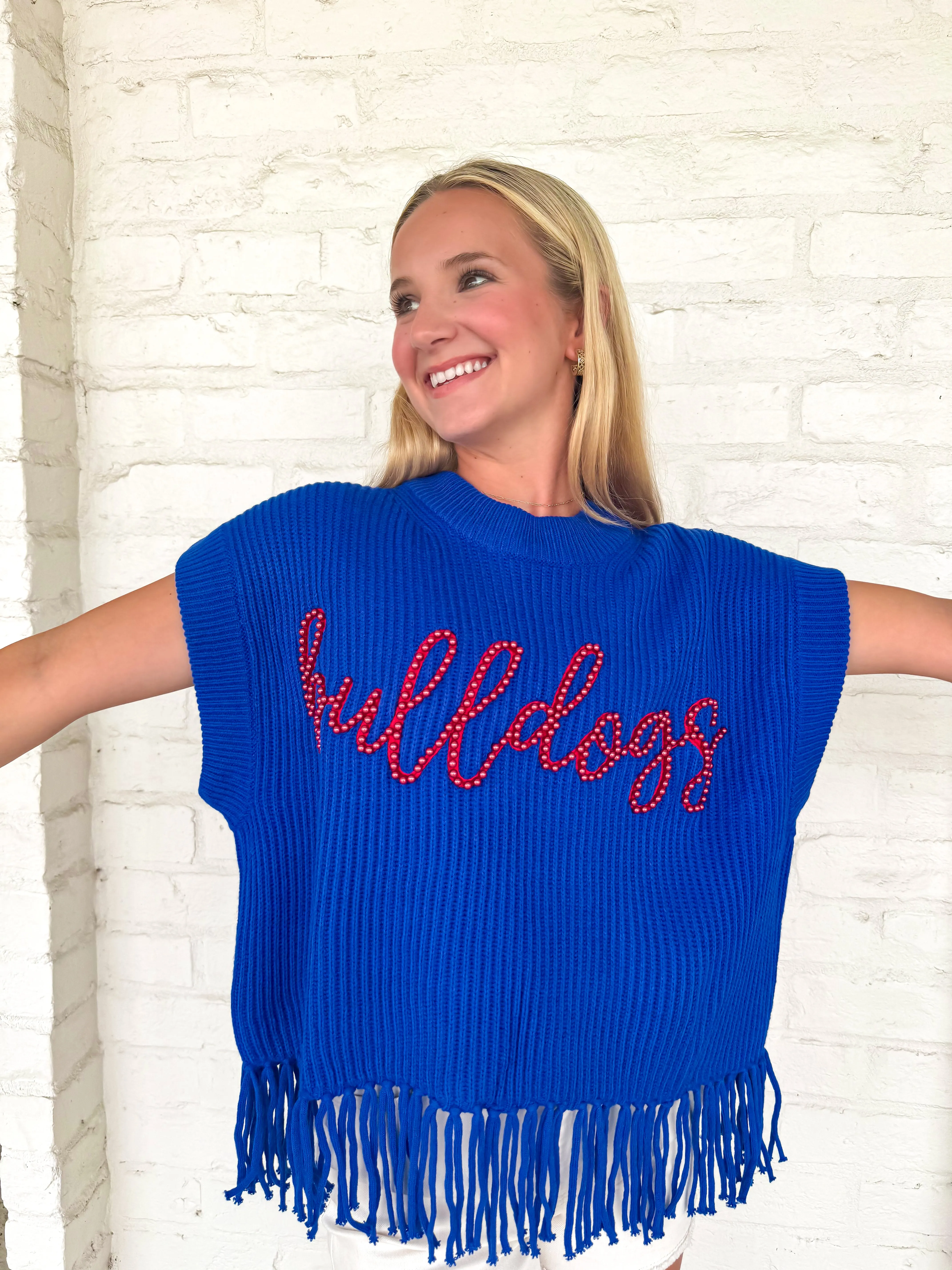 Queen Of Sparkles Royal & Red LA Tech Bulldogs Fringe Sweater Vest