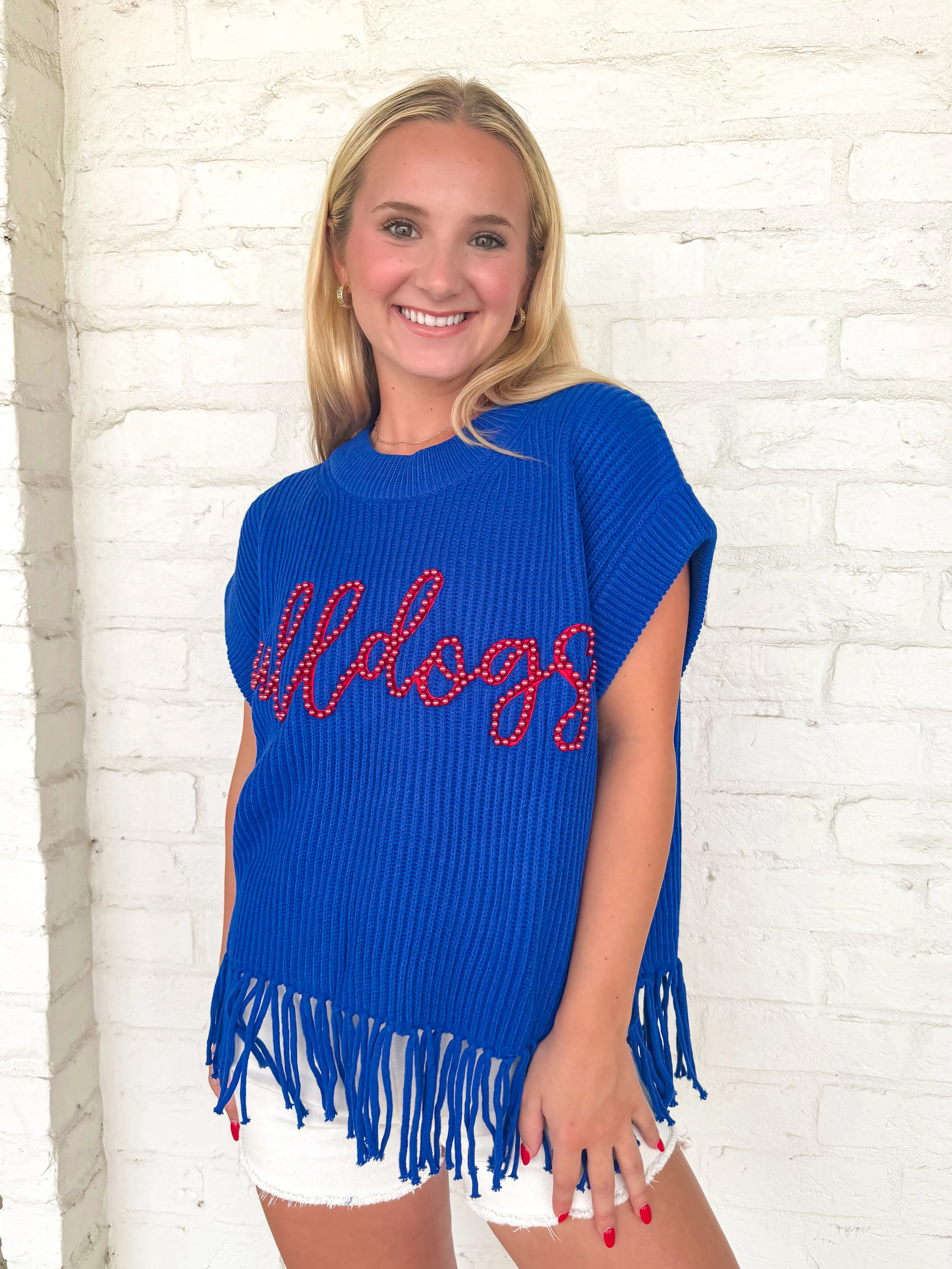 Queen Of Sparkles Royal & Red LA Tech Bulldogs Fringe Sweater Vest