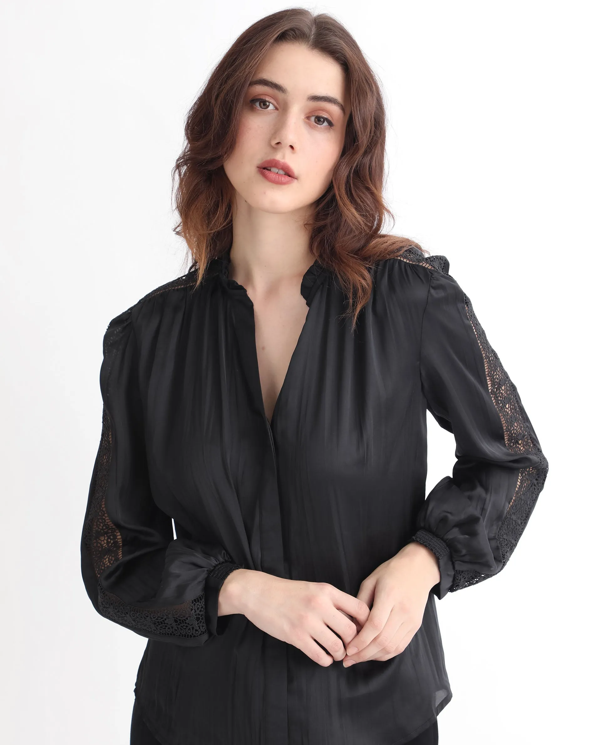 Rareism Women Darte Black Polyester Fabric Full Sleeves Button Closure Ruffled Neck Cuffed Sleeve Regular Fit Plain Top