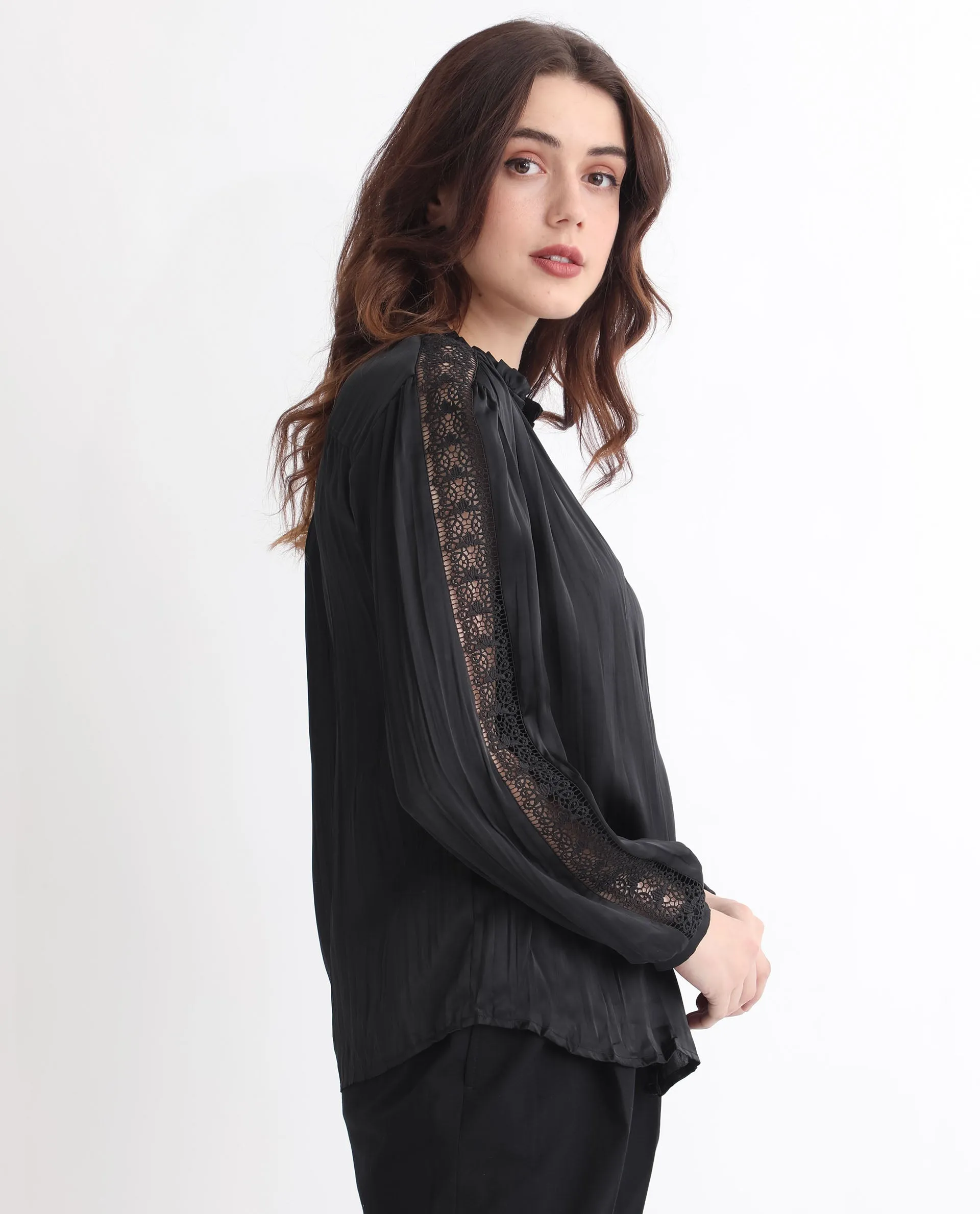 Rareism Women Darte Black Polyester Fabric Full Sleeves Button Closure Ruffled Neck Cuffed Sleeve Regular Fit Plain Top