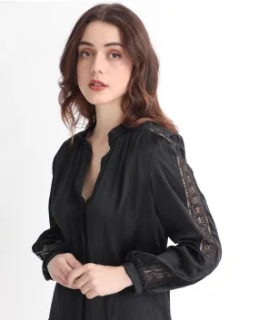 Rareism Women Darte Black Polyester Fabric Full Sleeves Button Closure Ruffled Neck Cuffed Sleeve Regular Fit Plain Top