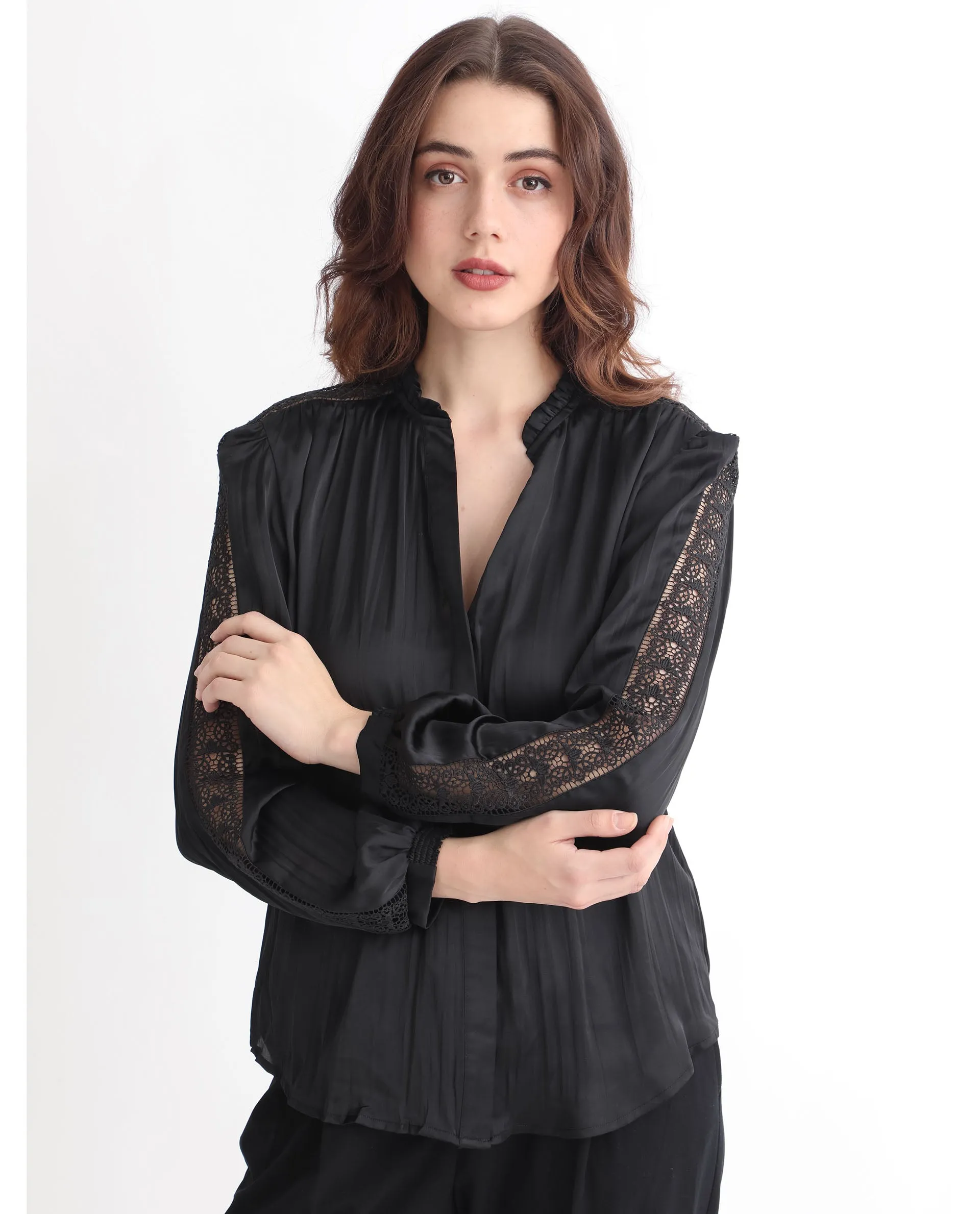 Rareism Women Darte Black Polyester Fabric Full Sleeves Button Closure Ruffled Neck Cuffed Sleeve Regular Fit Plain Top