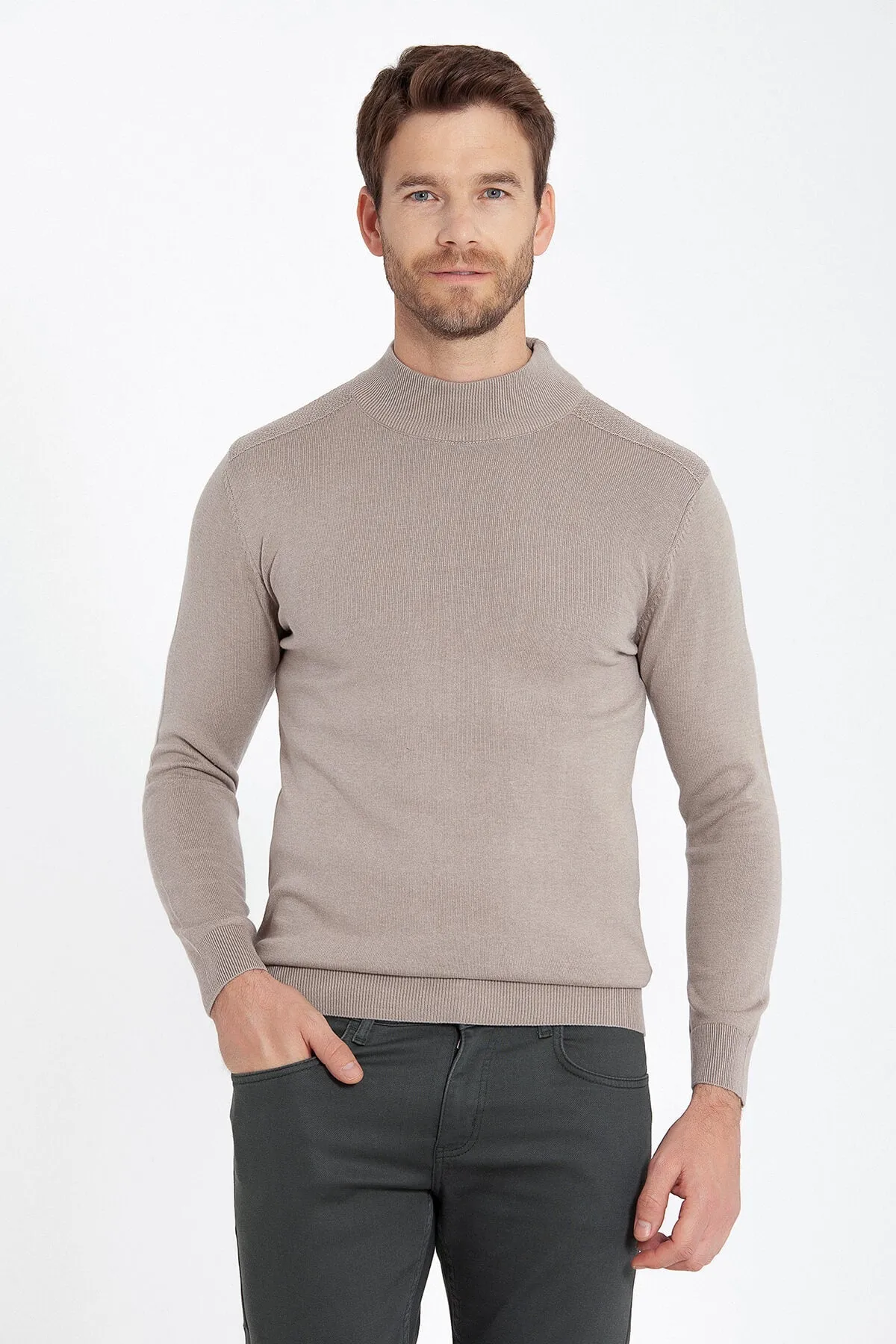 Regular Fit Patterned Cotton Blend Gray Mock Neck Sweater, Grej