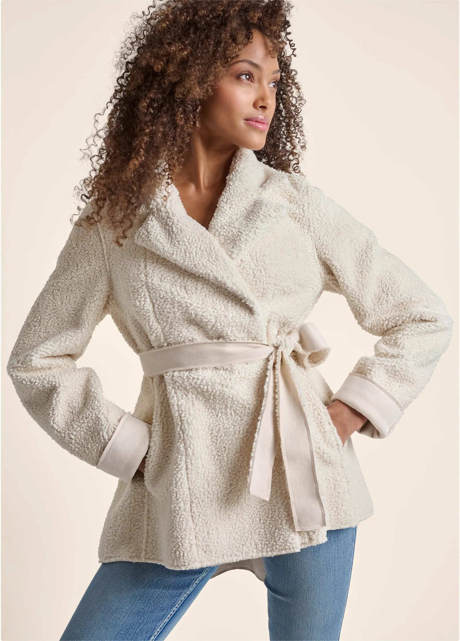 Reversible Faux Suede/Sherpa Coat - Cream