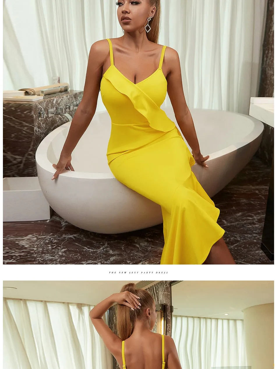 Ruffles Spaghetti Strap Fashion Dress Summer V Neck Yellow Sleeveless Celebrity Evening Club Casual Party Maxi Dress