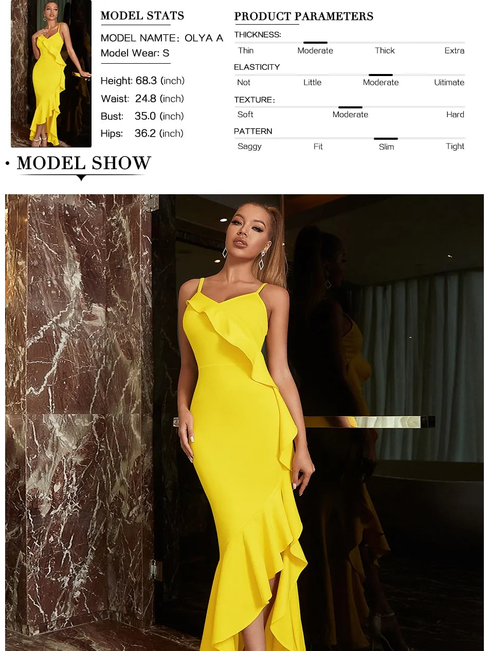 Ruffles Spaghetti Strap Fashion Dress Summer V Neck Yellow Sleeveless Celebrity Evening Club Casual Party Maxi Dress