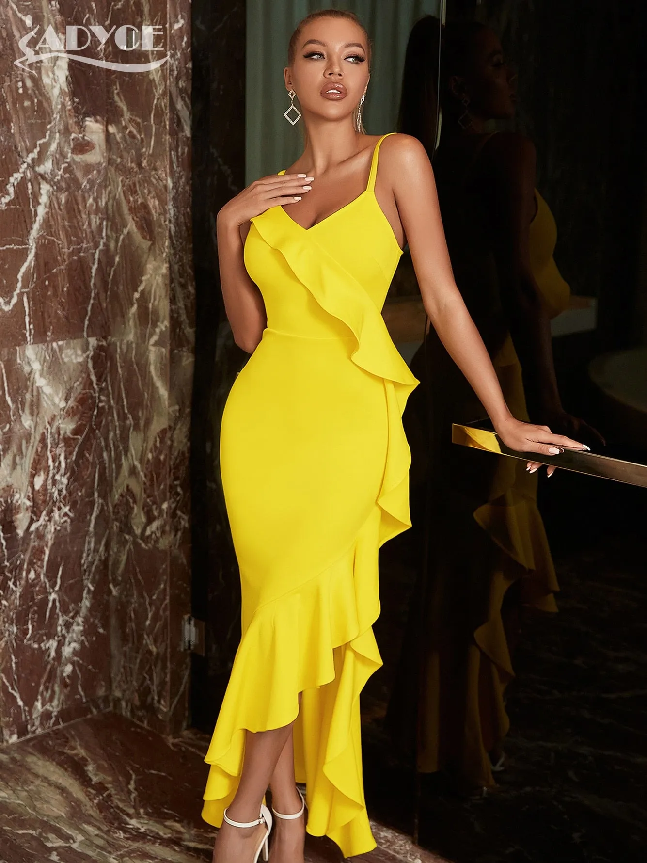 Ruffles Spaghetti Strap Fashion Dress Summer V Neck Yellow Sleeveless Celebrity Evening Club Casual Party Maxi Dress