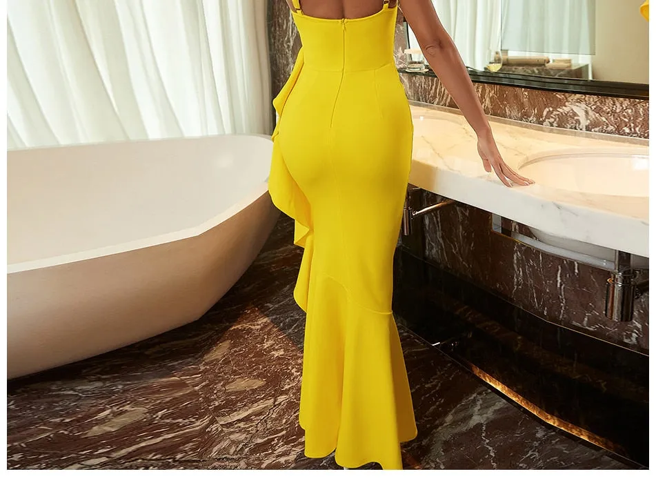 Ruffles Spaghetti Strap Fashion Dress Summer V Neck Yellow Sleeveless Celebrity Evening Club Casual Party Maxi Dress