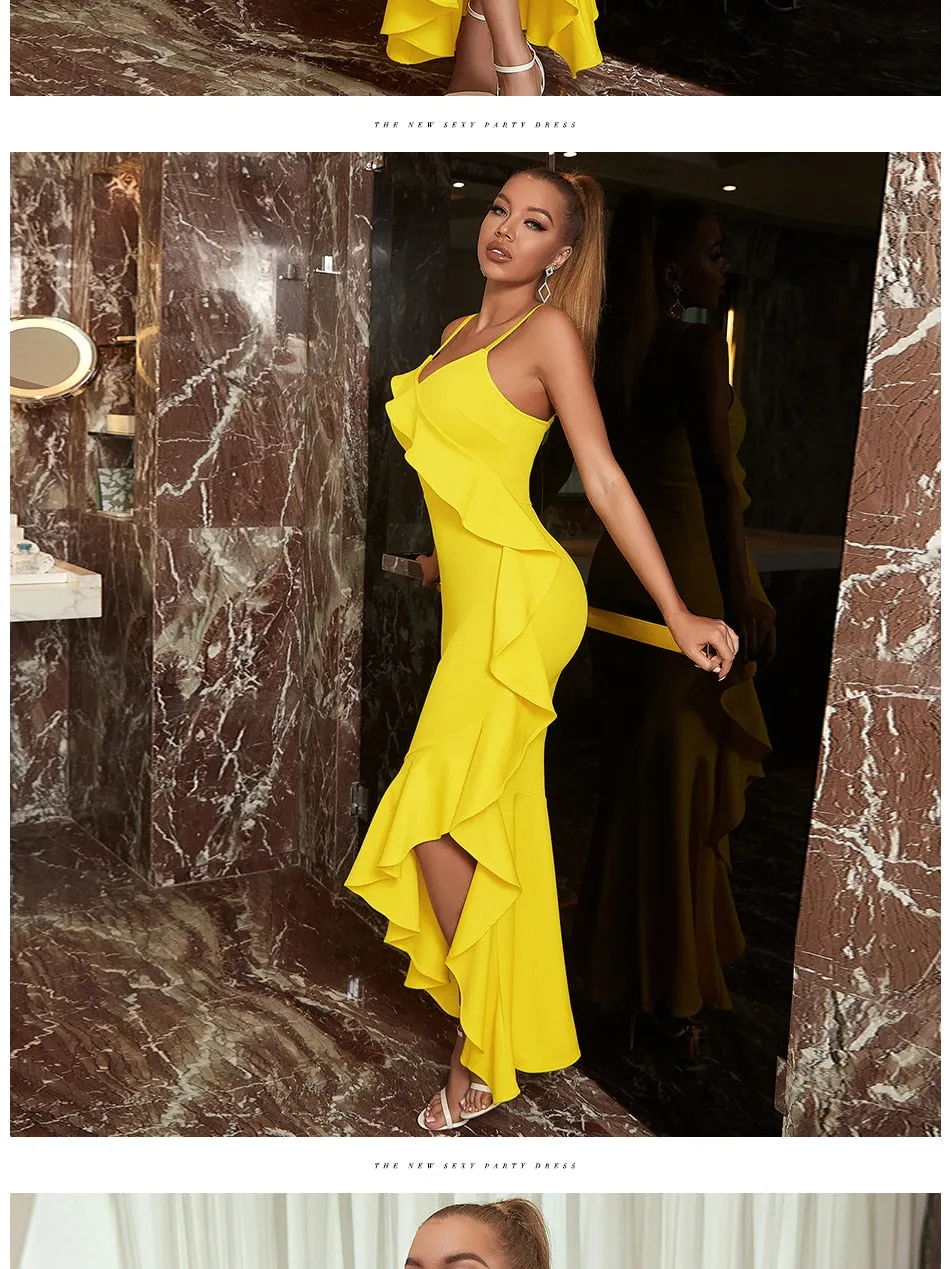 Ruffles Spaghetti Strap Fashion Dress Summer V Neck Yellow Sleeveless Celebrity Evening Club Casual Party Maxi Dress