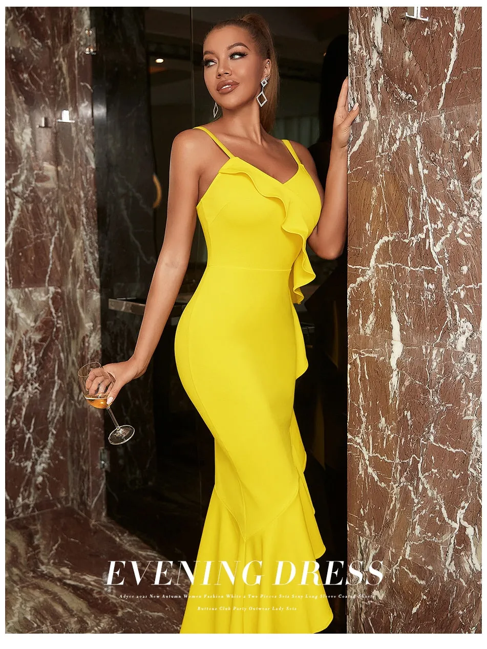 Ruffles Spaghetti Strap Fashion Dress Summer V Neck Yellow Sleeveless Celebrity Evening Club Casual Party Maxi Dress