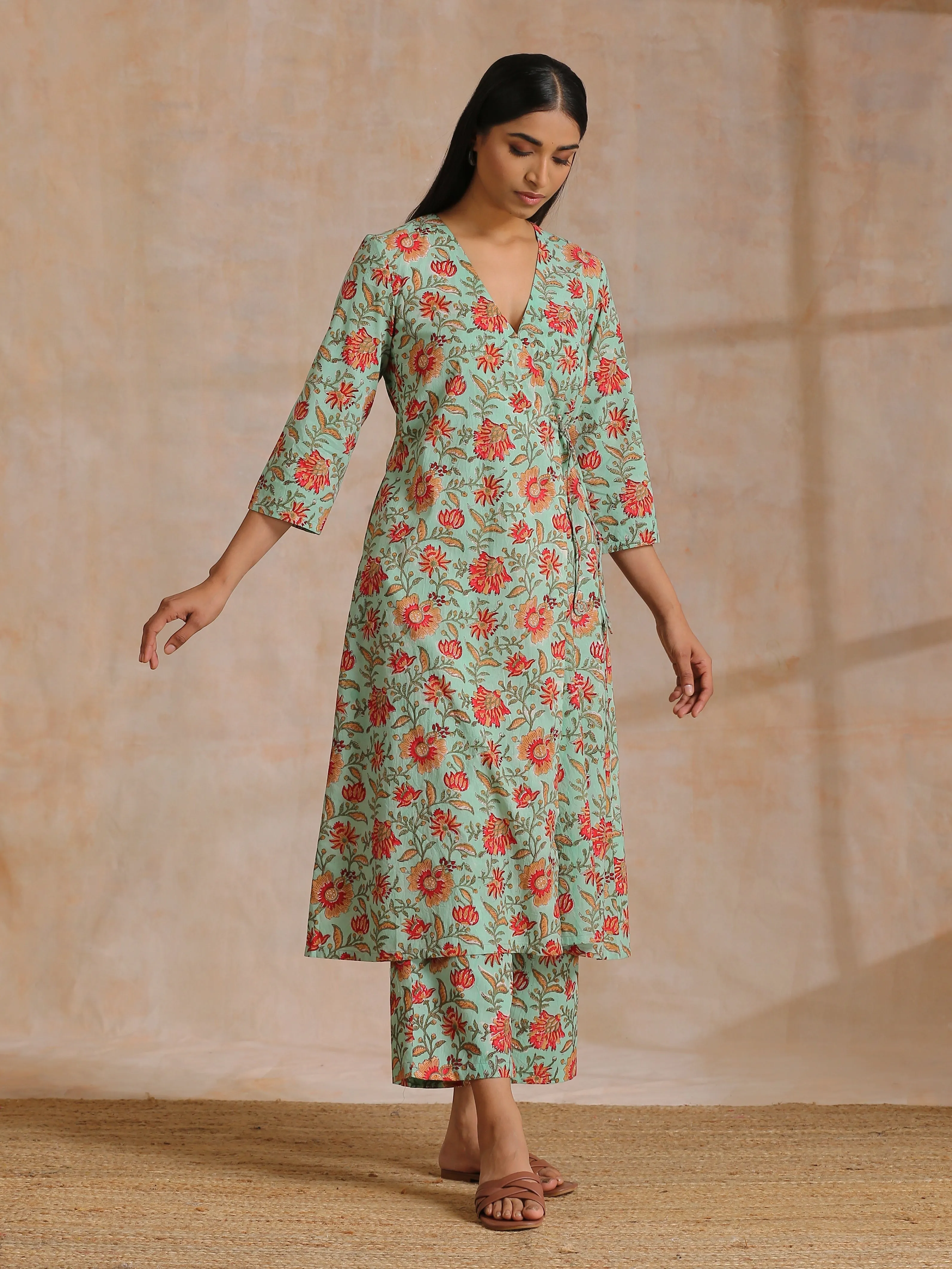 Seafoam Green Overall Floral Block Print Cotton Angrakha Pant Set