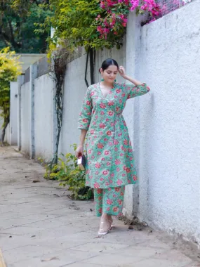 Seafoam Green Overall Floral Block Print Cotton Angrakha Pant Set