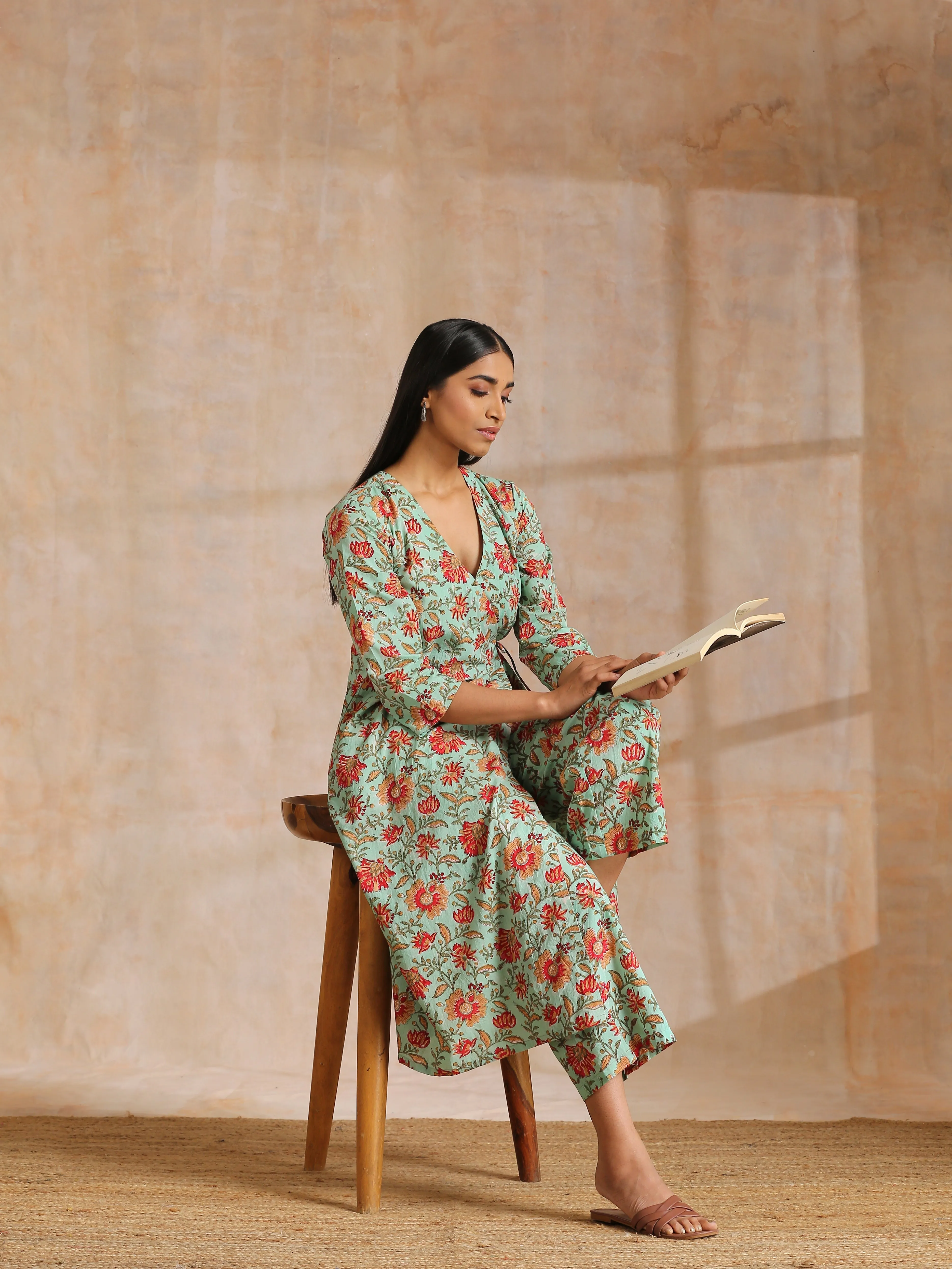 Seafoam Green Overall Floral Block Print Cotton Angrakha Pant Set