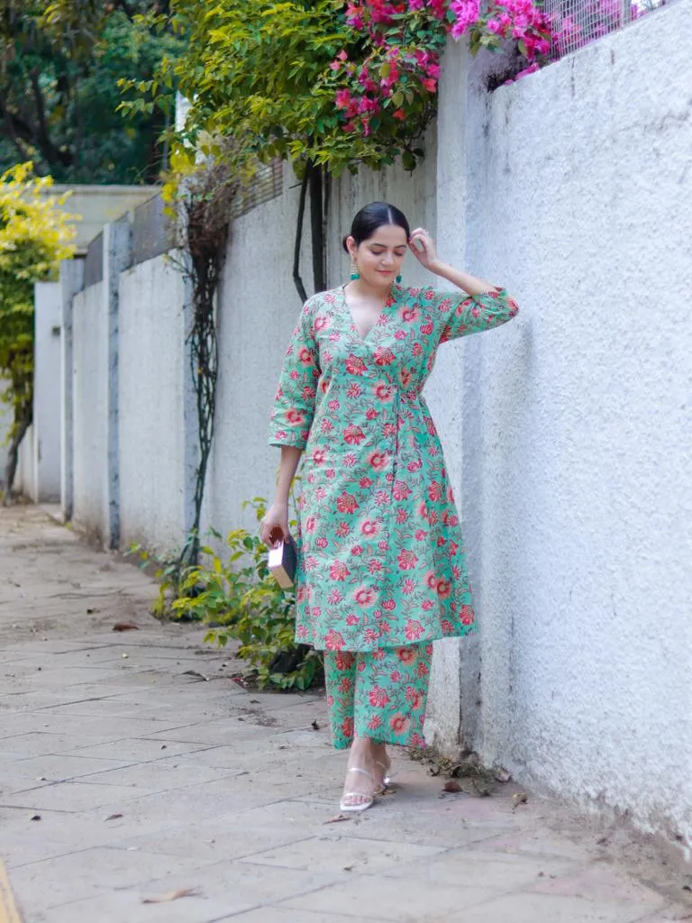 Seafoam Green Overall Floral Block Print Cotton Angrakha Pant Set