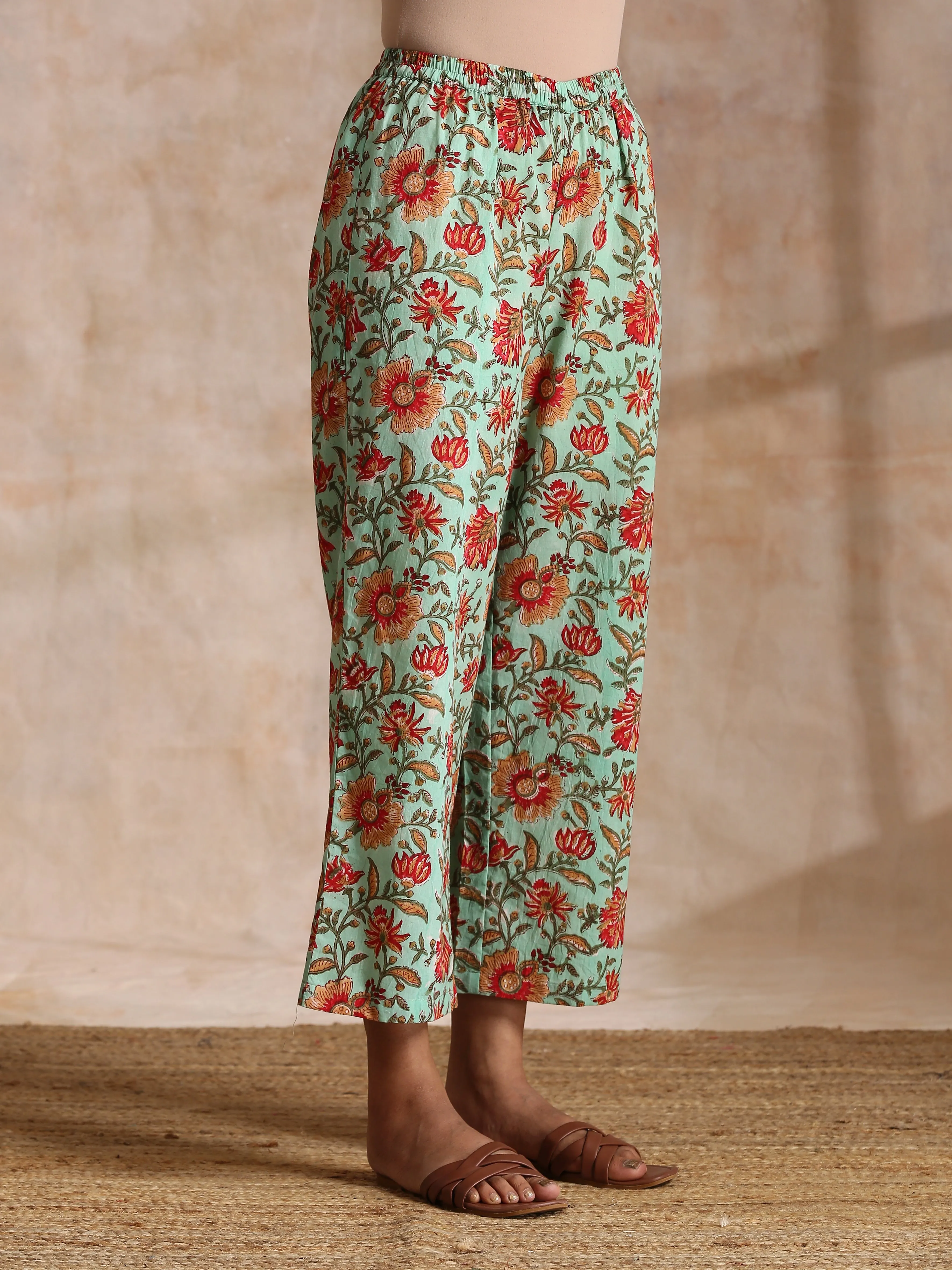 Seafoam Green Overall Floral Block Print Cotton Angrakha Pant Set