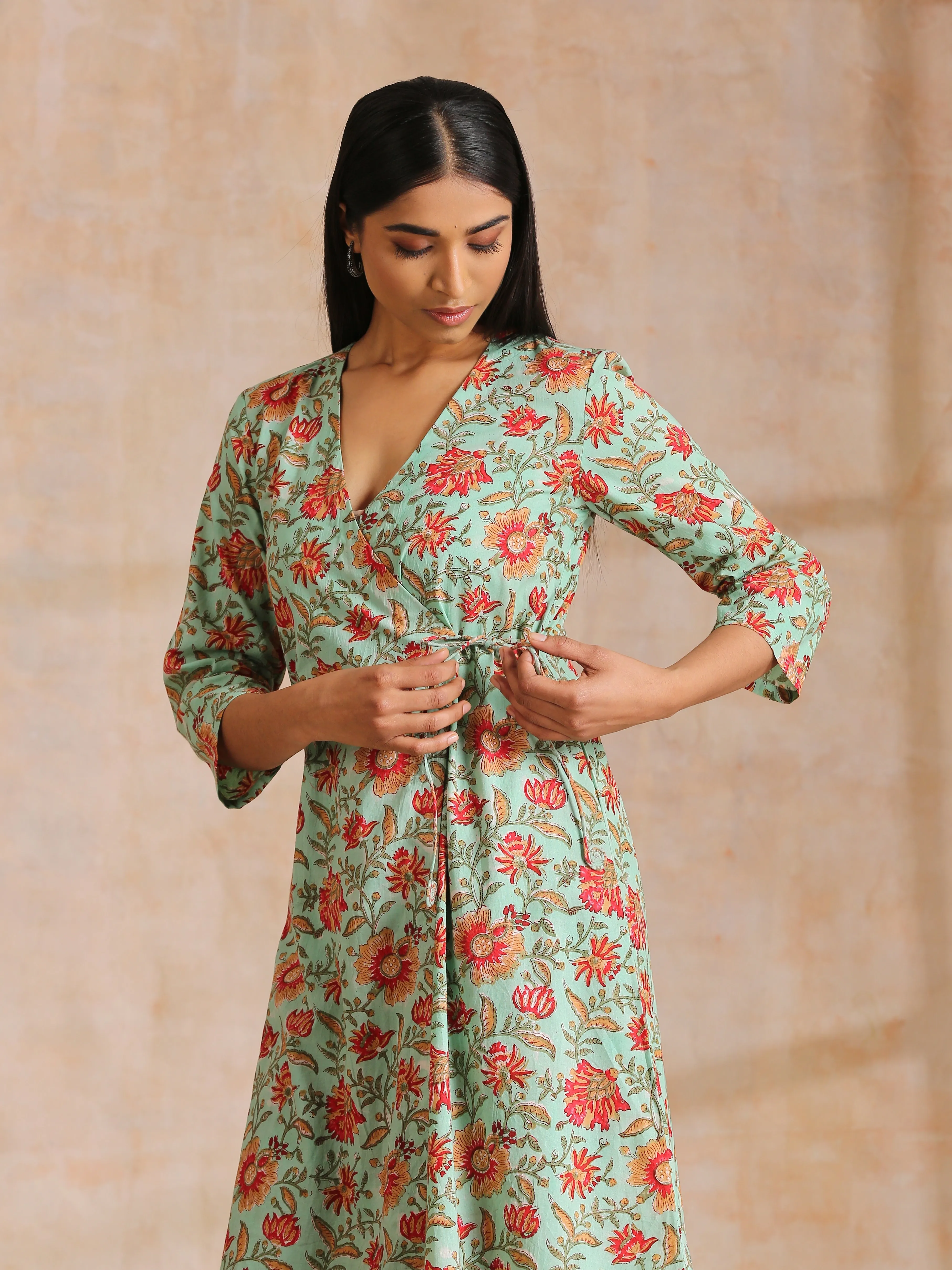 Seafoam Green Overall Floral Block Print Cotton Angrakha Pant Set