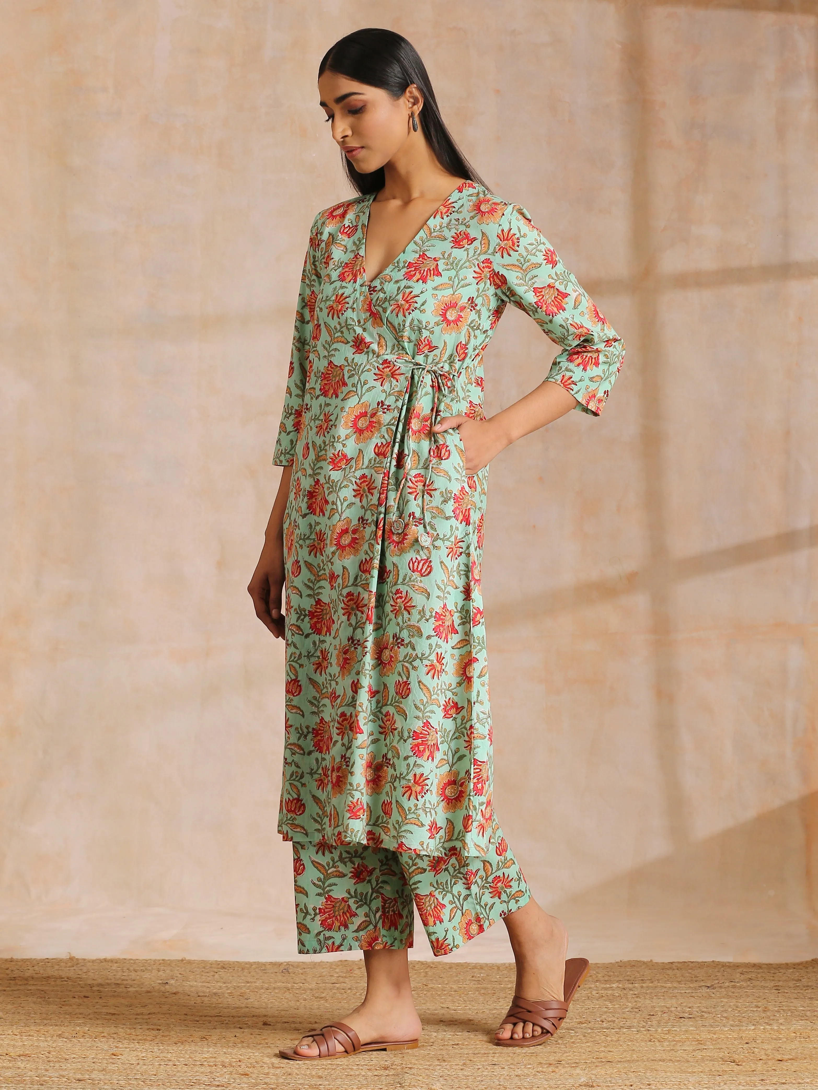 Seafoam Green Overall Floral Block Print Cotton Angrakha Pant Set