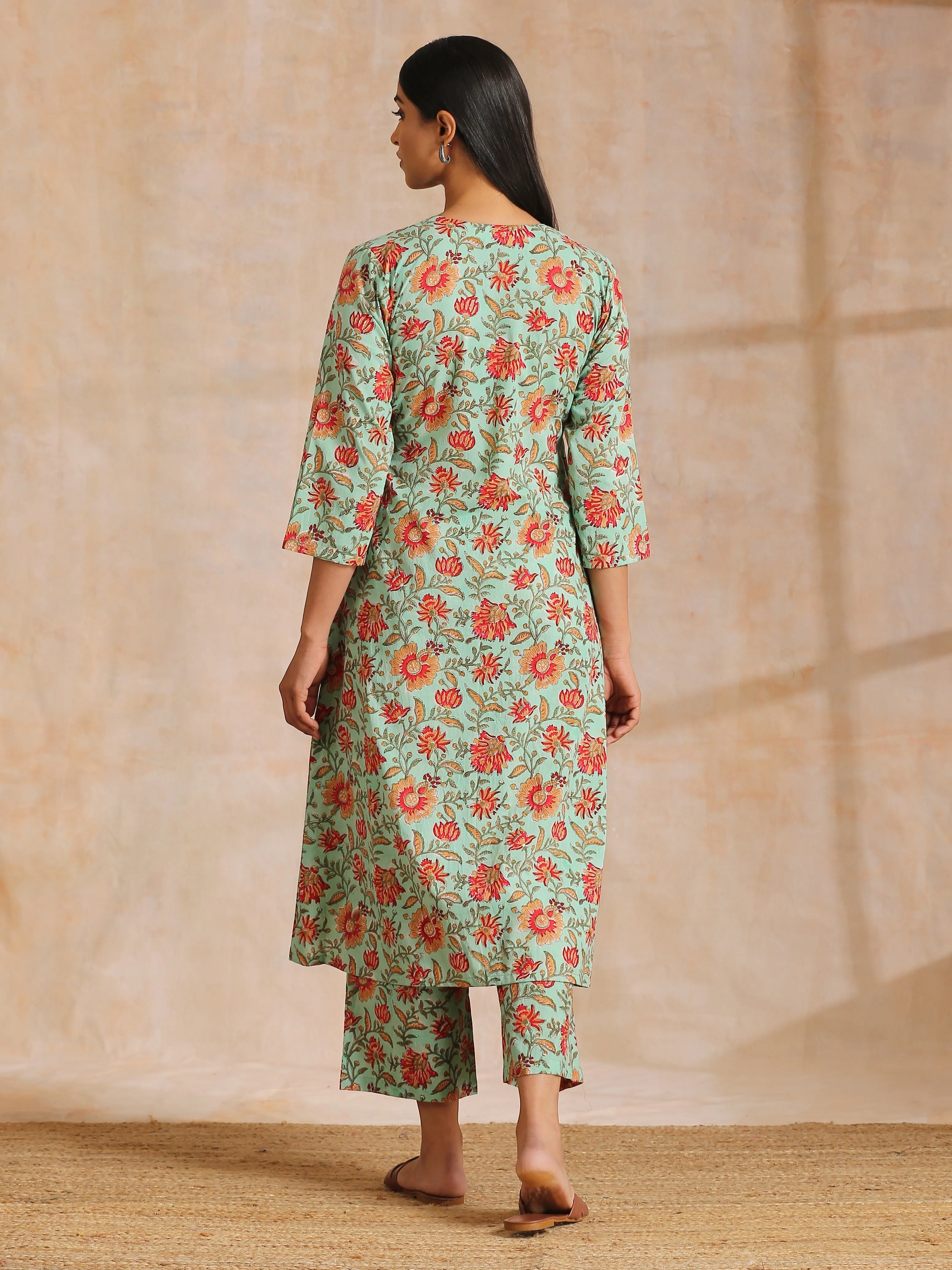 Seafoam Green Overall Floral Block Print Cotton Angrakha Pant Set