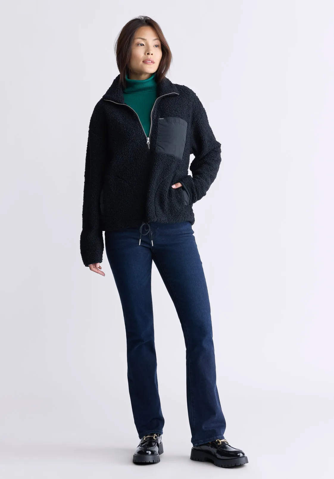 Sena Women's Sherpa Jacket with Chest Pocket, Black - JK0036F