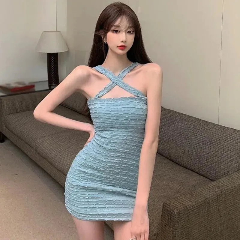 Sexy Nightclub Party Summer Solid Color Cross Hanging Neck Sexy Slim Fit Knitted camisole 2024 Women's Dress