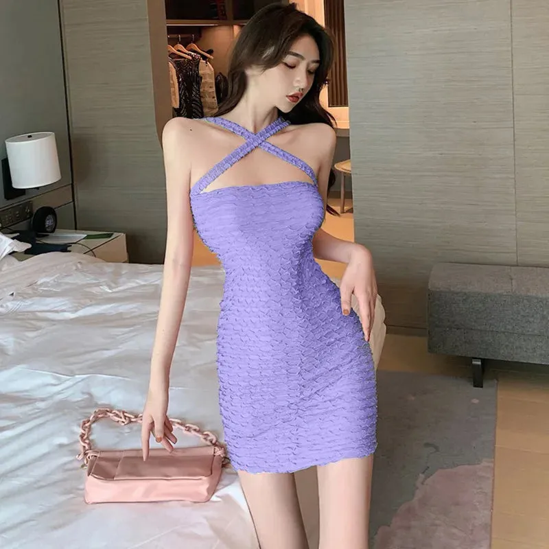 Sexy Nightclub Party Summer Solid Color Cross Hanging Neck Sexy Slim Fit Knitted camisole 2024 Women's Dress