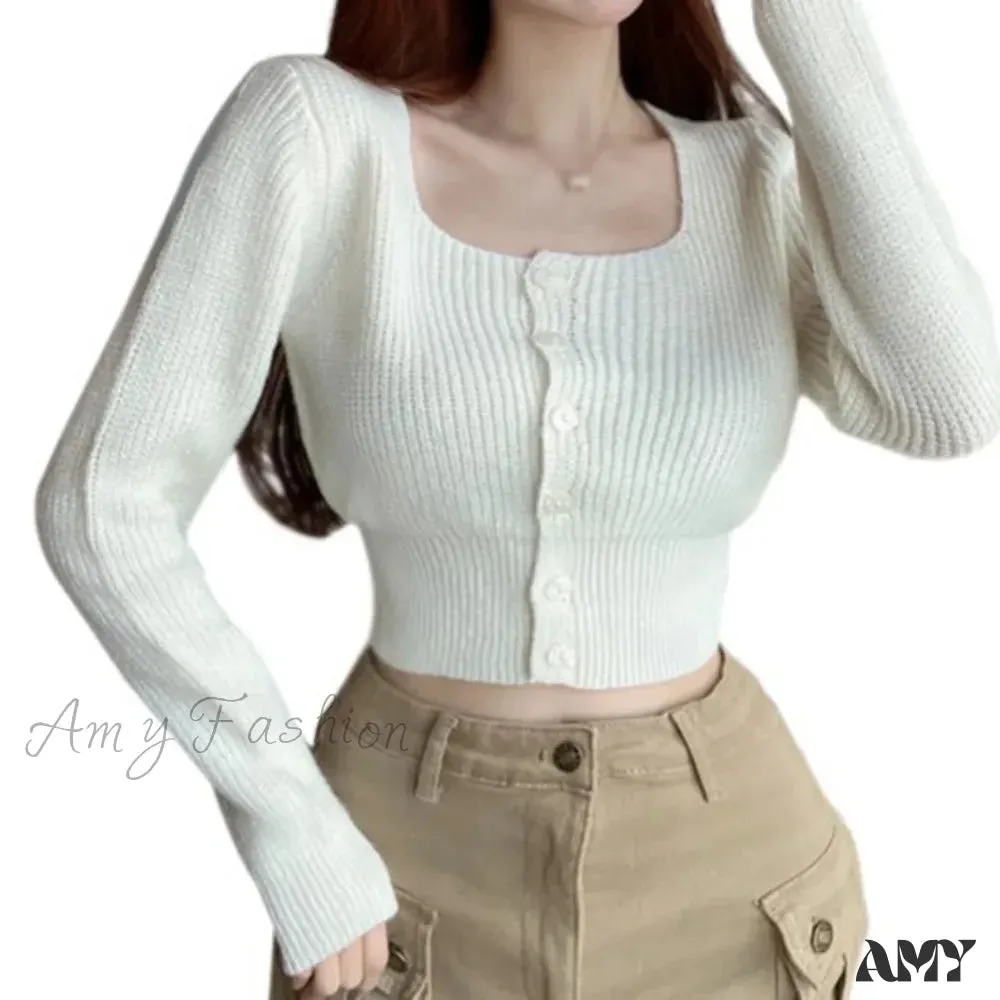 Sexy Summer Button Up Square Neck Long Sleeve Crop Sweater