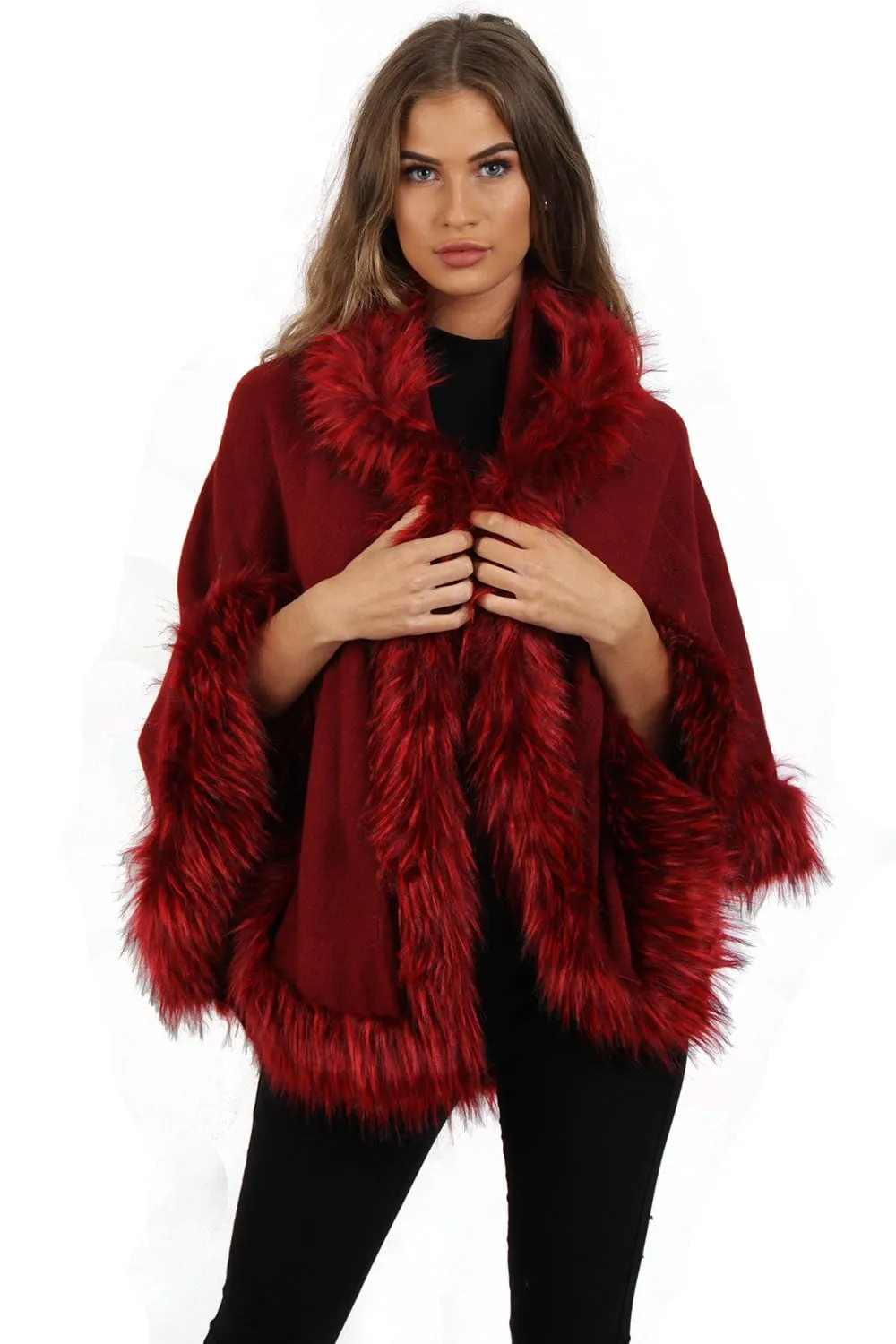 Short Poncho Cape with Faux Fur Hood Cuffs and Trim