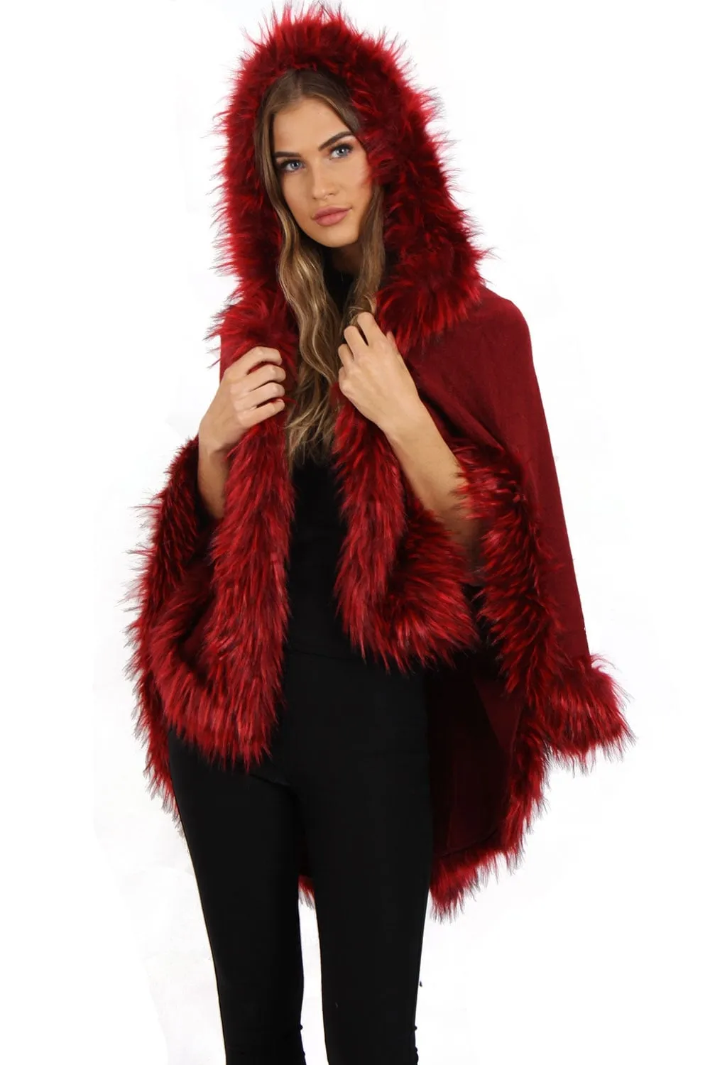 Short Poncho Cape with Faux Fur Hood Cuffs and Trim