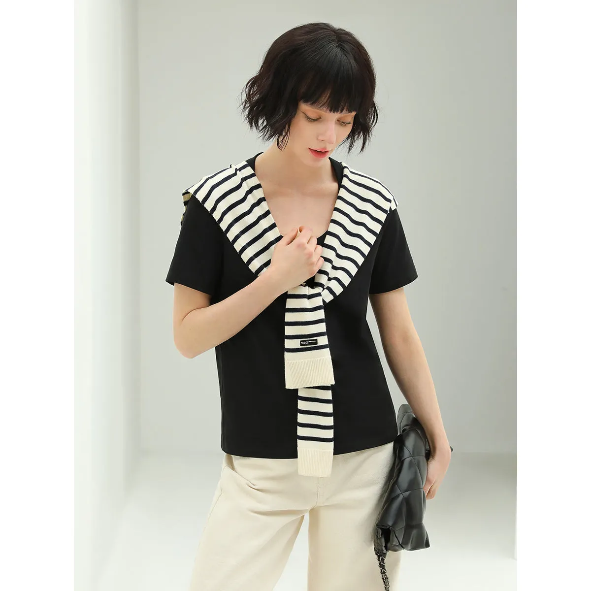 Short Sleeved Black Tee with Striped Shawl