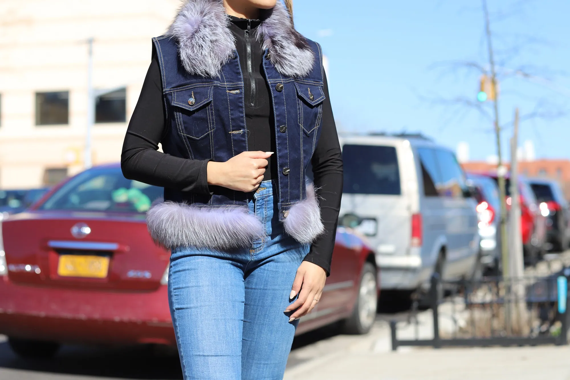 Silver Fox Fur Denim Vest - Natural