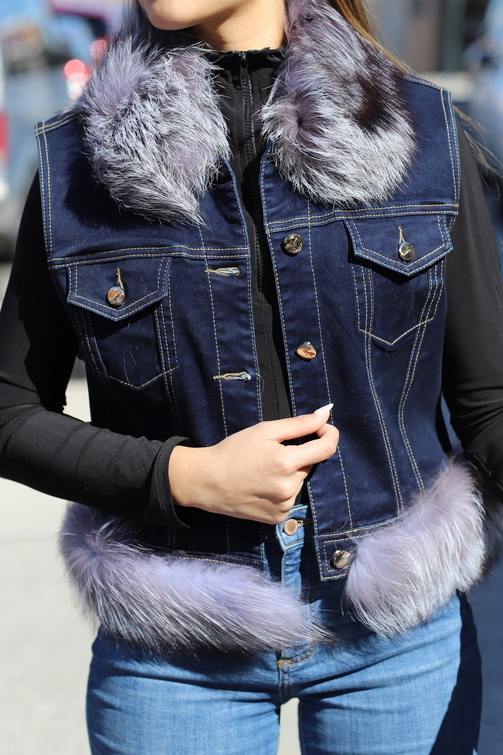 Silver Fox Fur Denim Vest - Natural