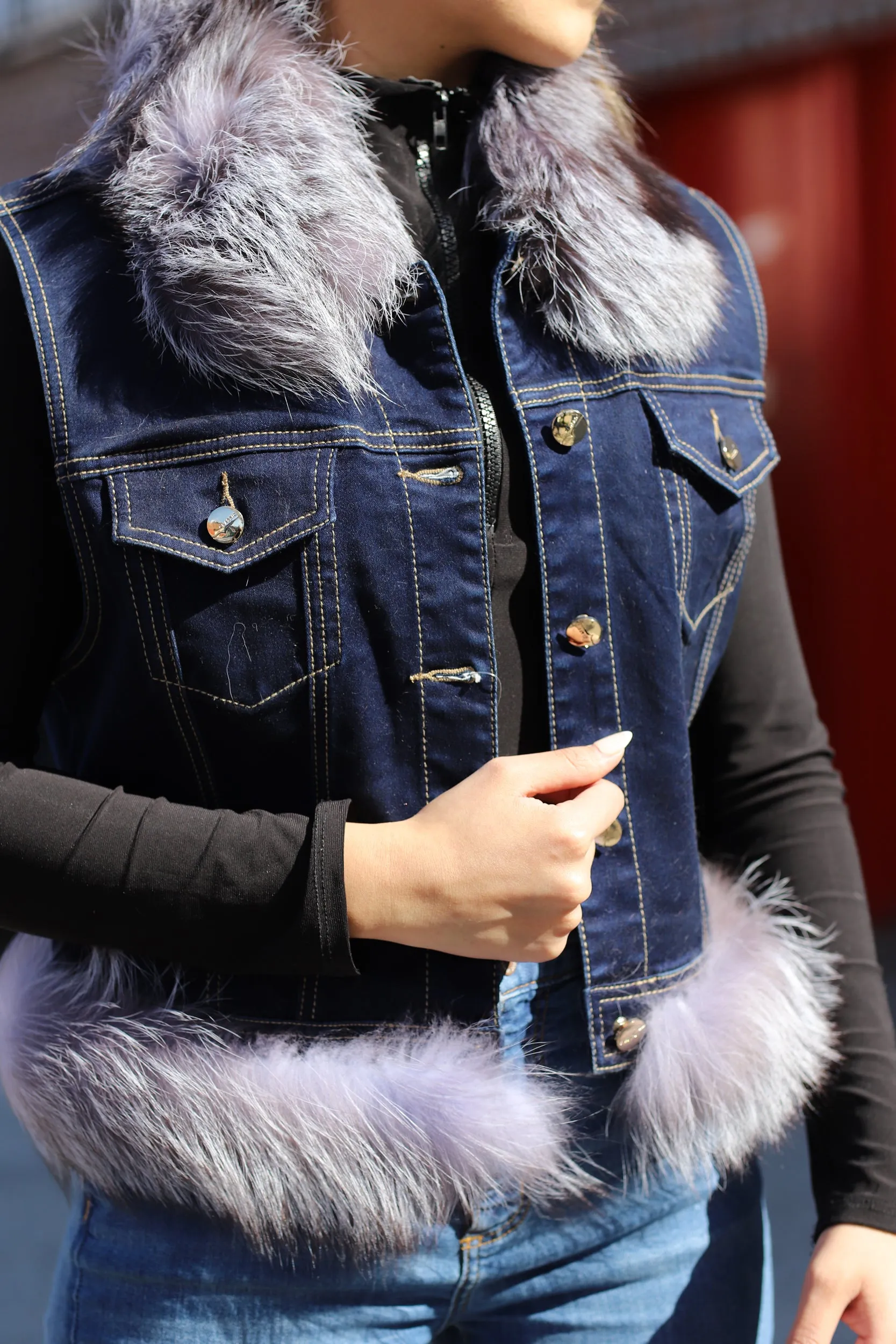 Silver Fox Fur Denim Vest - Natural